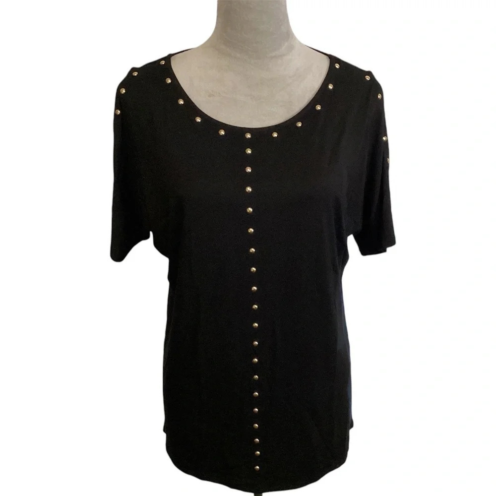 Carmen Marc Valvo Black Jersey Top with Gold Stud Accents